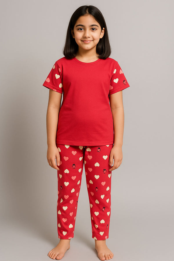 Girls Printed T-shirt and Trouser (Red Heart)