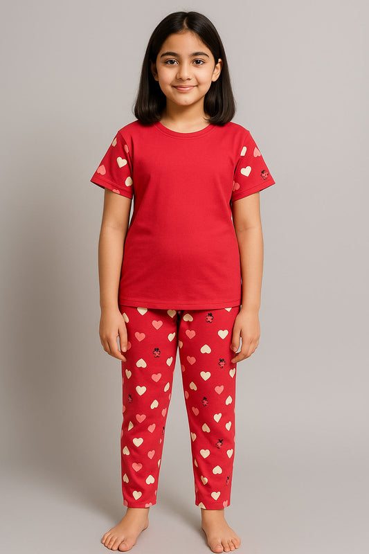 Girls Printed T-shirt and Trouser (Red Heart)