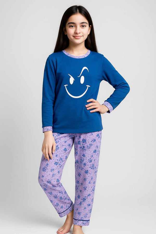 Kids Nightwear Set for Girls – Blue Smiley Top with Printed Pajama
