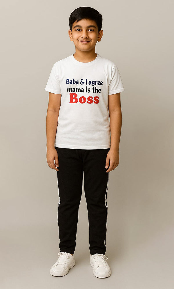 Boys white shirt (Baba i agree mama is the boss)  black with white stripe trouser