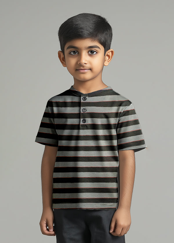 Boys Cotton Black Grey Stripe T-Shirt - Half Sleeves