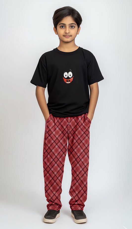 Boys T-shirt and Trouser (Red Check Cotton)