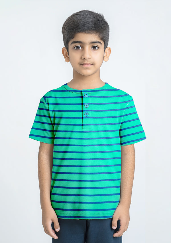 Boys Cotton Blue Cyan Stripe T-Shirt - Half Sleeves