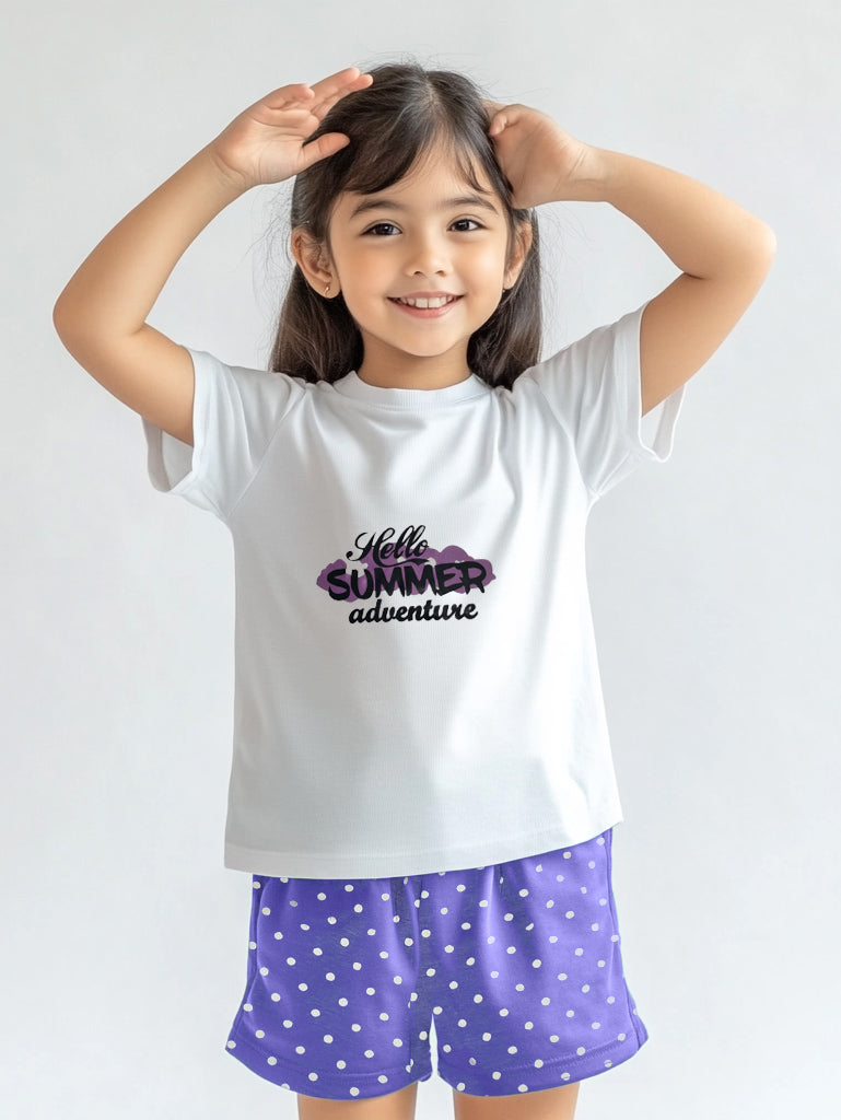 Girls Summer Cute Print  T-Shirt and Shorts Set (lilac Polka Dot)