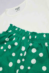 Girls Summer Cute Print  T-Shirt and Shorts Set (Green Polka Dot)