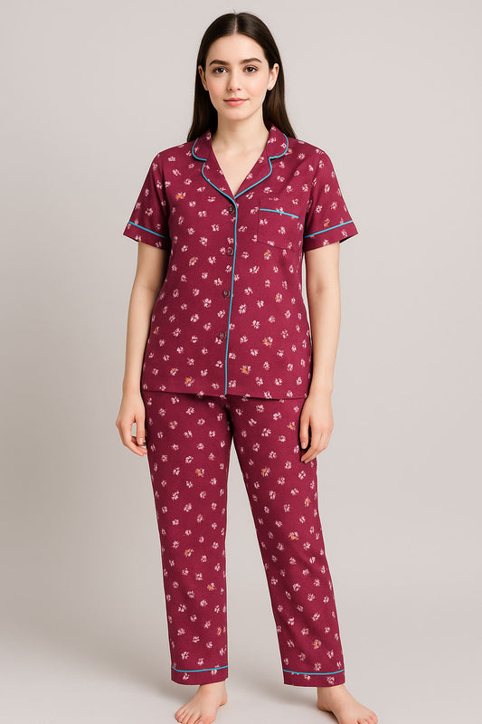 Women Button night suit Maroon flowers