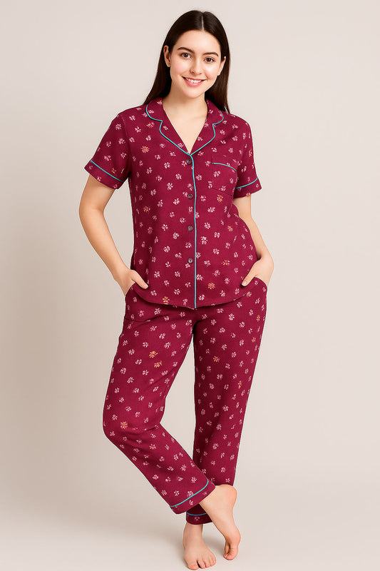 Women Button night suit Maroon flowers