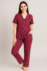 Women Button night suit Maroon flowers