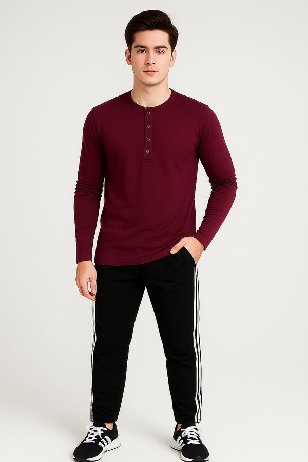 Men’s Stylish Maroon Lycra  Henley Top & Black Jersey Trouser