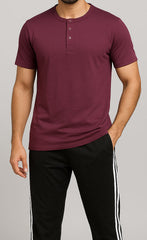 Men Maroon Button Shirt And Black Trouser (Henley)
