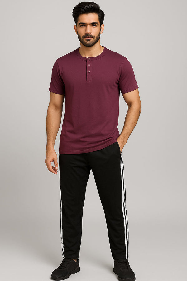 Men Maroon Button Shirt And Black Trouser (Henley)