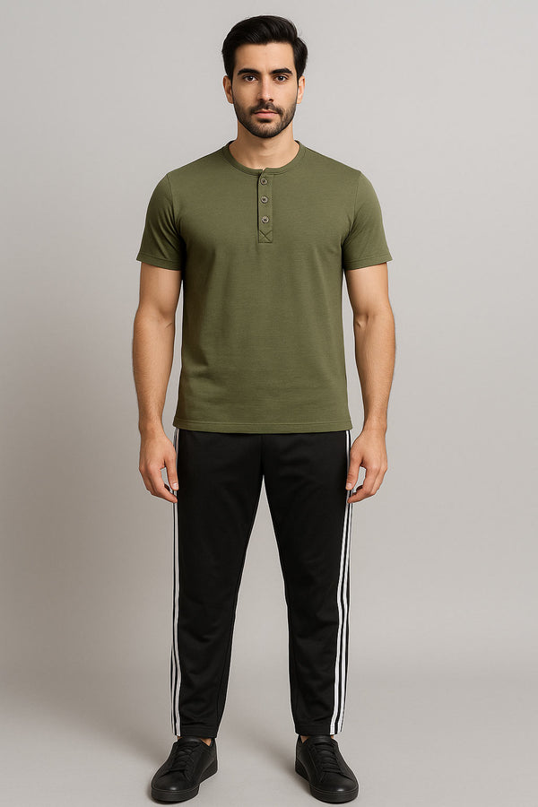 Men Olive Button Shirt And Black Trouser (Henley)