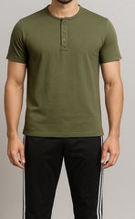 Men Olive Button Shirt And Black Trouser (Henley)