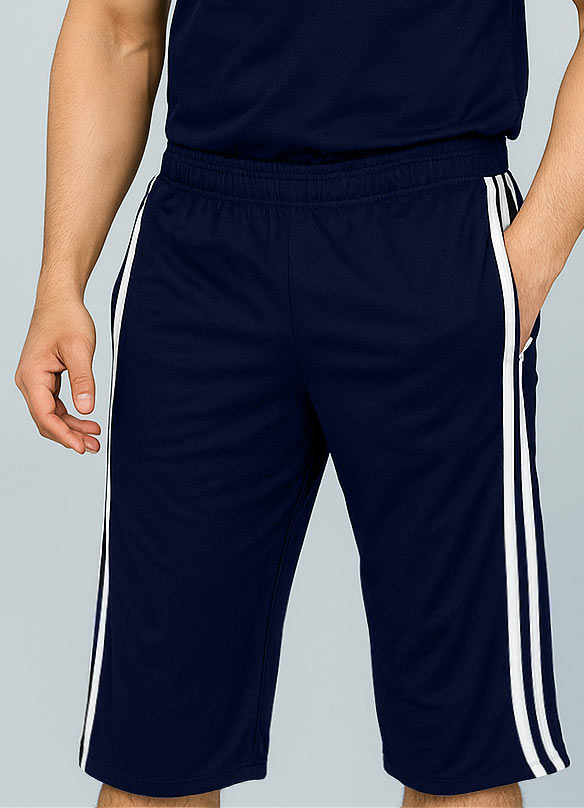 Men's Side Stripe Long Cotton Summer Three Quarters Shorts (Navy)