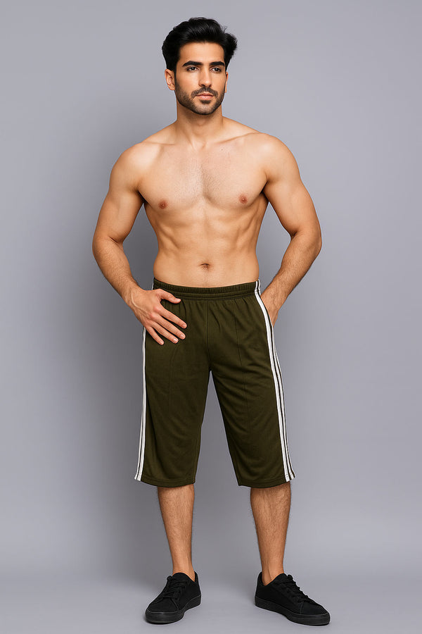 Men's Side Stripe Long Cotton Summer Three Quarters Shorts (Olive)