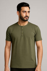 Cotton Henley Short Sleeve T-Shirt (Stretchable) Olive