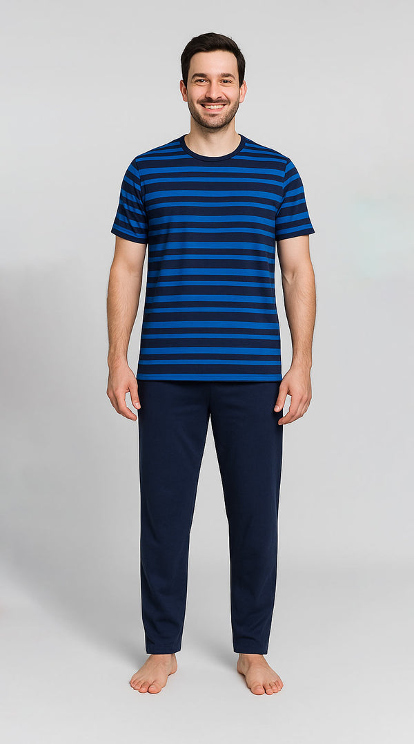 Men T Shirt Navy & R-Blue Stripe And  Navy Trouser