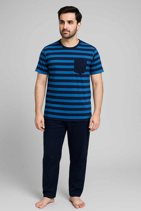 Men T Shirt Navy & R-Blue Stripe And  Navy Trouser