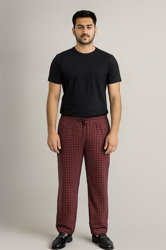 Men's Cotton Check Trouser (Red Black Check) Stretchable