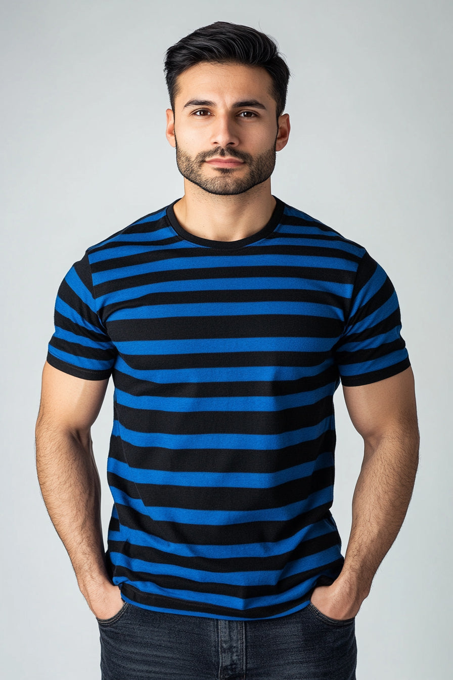 Blue and Black Stripes Short Sleeve T-Shirt