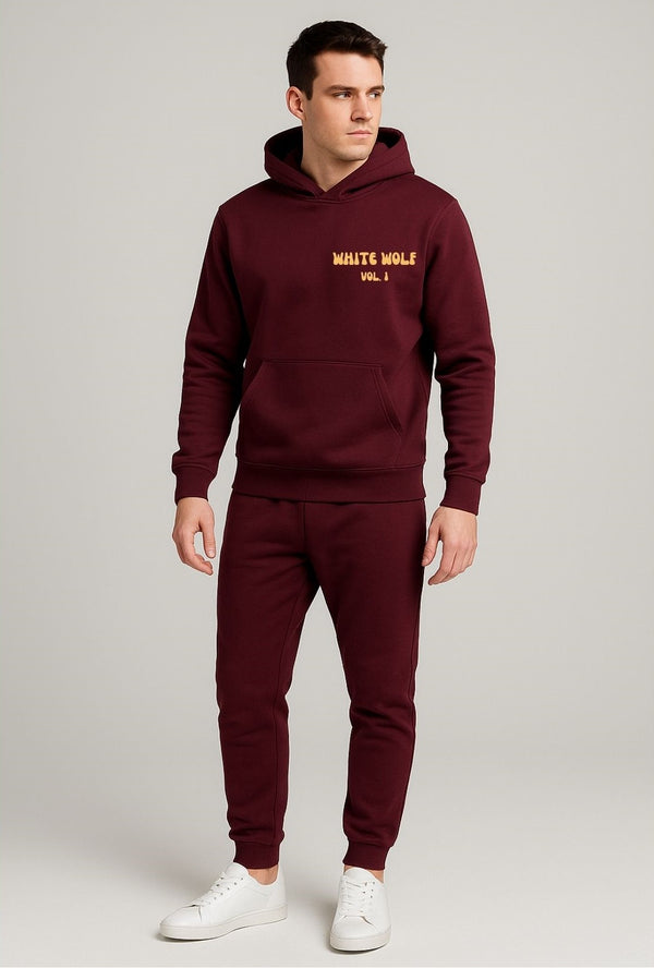 Men’s Premium Maroon Fleece Hoodie & Trouser Suit – White Wolf Printed