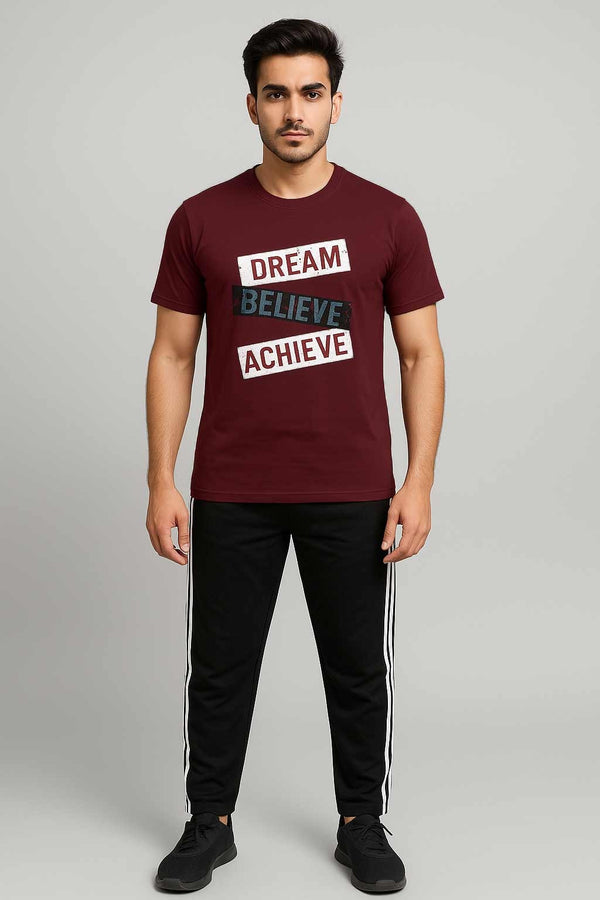Men’s Maroon “Dream Believe Achieve” T-Shirt & Black Stripe Trouser