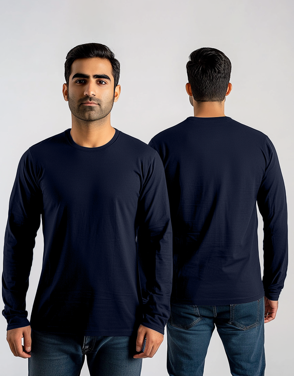men’s cotton round neck navy blue t shirt full sleeves by hinz