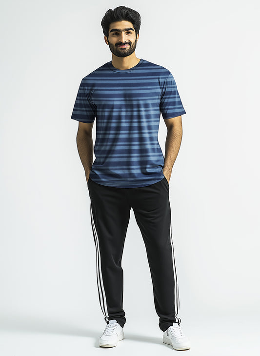 Men T Shirt  Blue Stripe And  Black Trouser