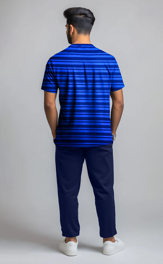 Men T Shirt Navy & R-Blue Stripe And  Navy Trouser