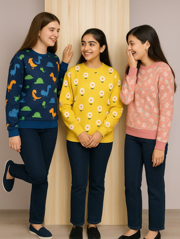 Girls Warm Fleece Sweatshirt – Trendy Printed Style ( PACK OF THREE)