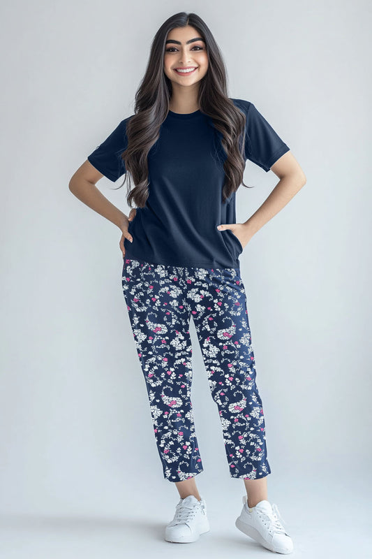 Women's printed suit short sleeve (Flowers) Navy