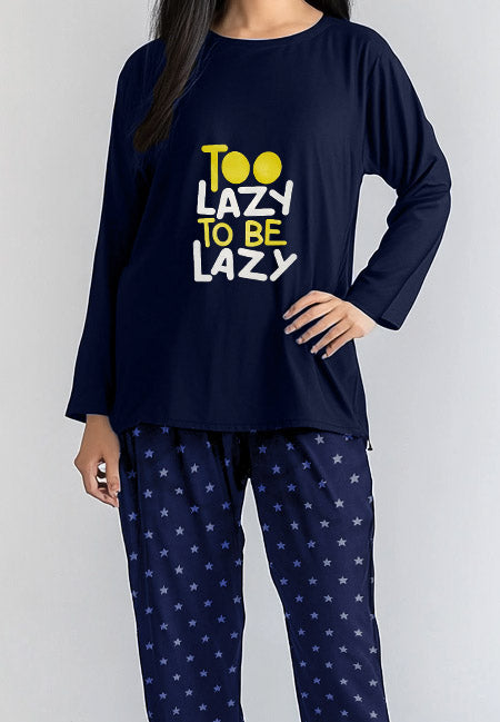 Women's Night Suit Full Sleeve (Navy Too Lazy)