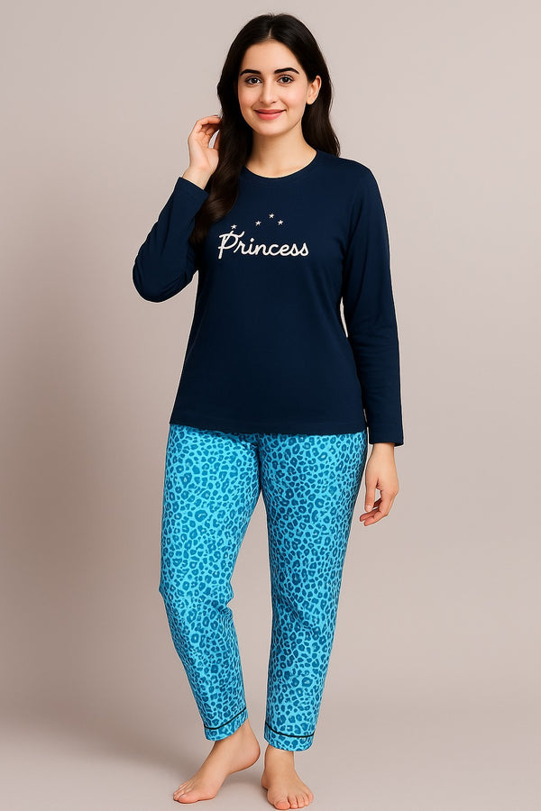 Women’s Printed Night Suit – Princess Top & Leopard Pants