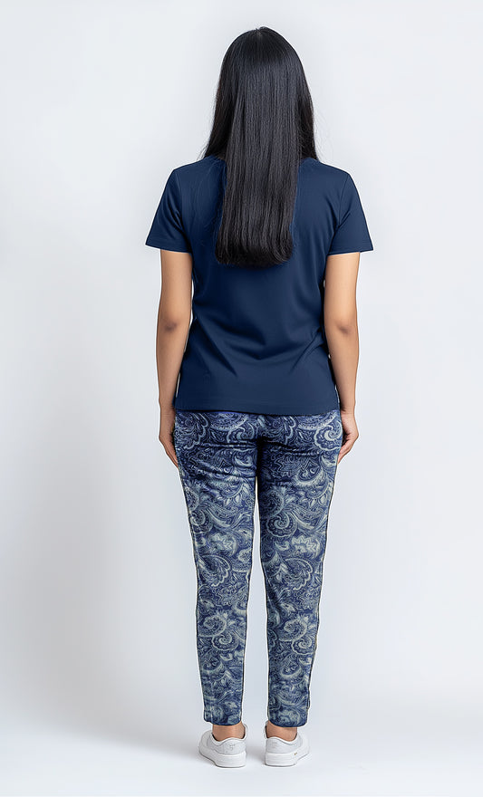 Women's Navy shirt and printed trouser (Stretchable)