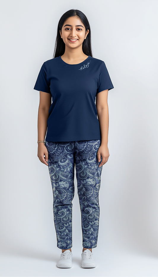 Women's Navy shirt and printed trouser (Stretchable)