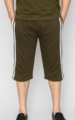 Men's Side Stripe Long Cotton Summer Three Quarters Shorts (Olive)