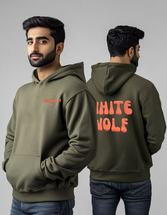 Unisex White Wolf Premium Fleece- Hoodie (Olive Green)