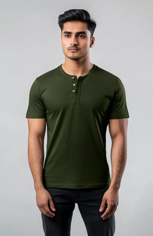 Cotton Henley Short Sleeve T-Shirt (Stretchable) Olive