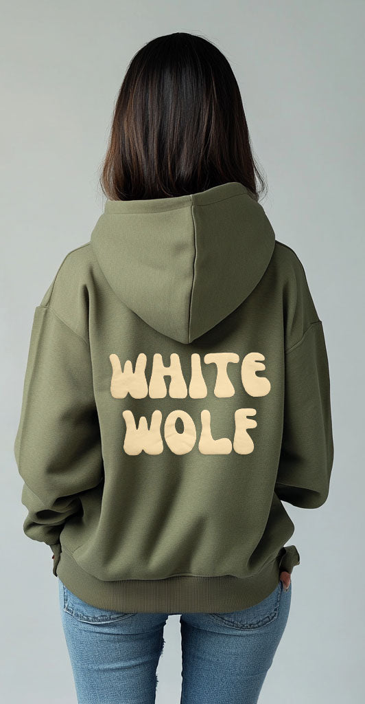 Unisex White Wolf Premium Fleece- Hoodie (Olive Green) Beige