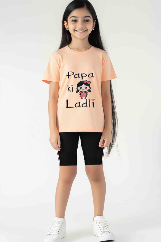 Girls 👭 Peach 🍑 T-shirt and balck  Short legging set