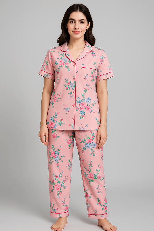 Women Button night suit Pink flowers