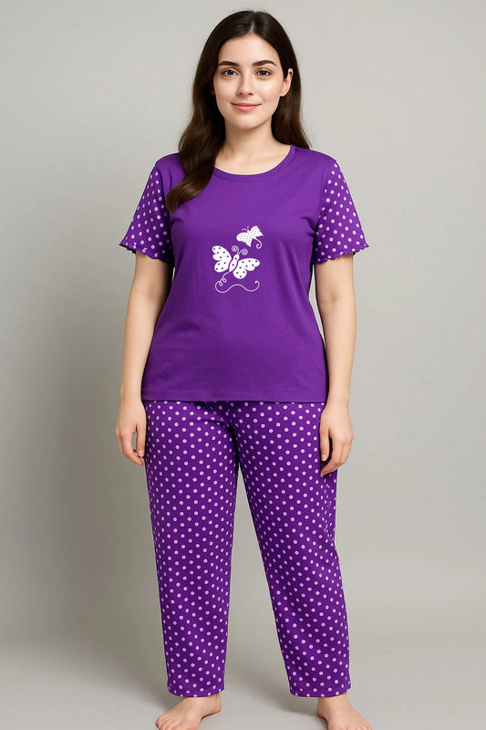 Women T-Shirt and printed trouser (  Butterfly Purple Polka Dot)