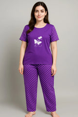 Women T-Shirt and printed trouser (  Butterfly Purple Polka Dot)