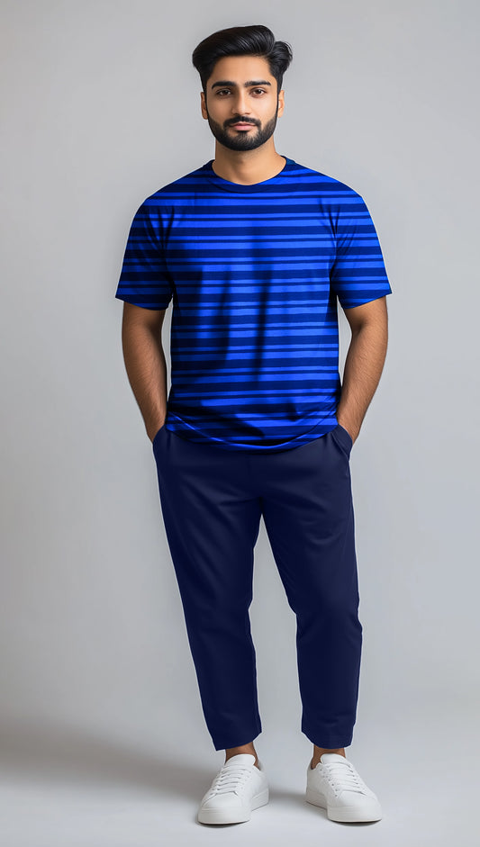 Men T Shirt Navy & R-Blue Stripe And  Navy Trouser