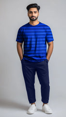 Men T Shirt Navy & R-Blue Stripe And  Navy Trouser