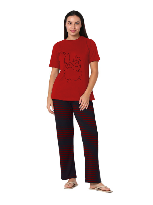 Women's Night Suit Short Sleeve (Red Happy Moon)