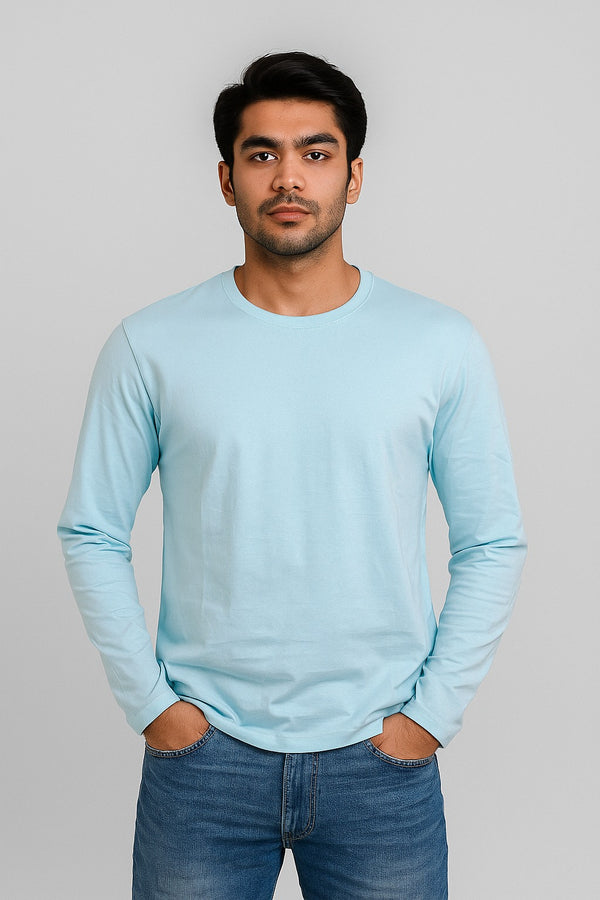 sky blue round neck full sleeve t shirt for men