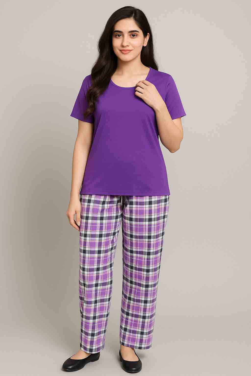 Women's plain purple  T-Shirt and Check trouser