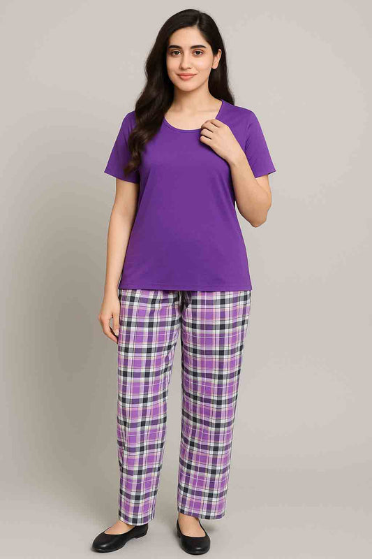 Women's plain purple  T-Shirt and Check trouser
