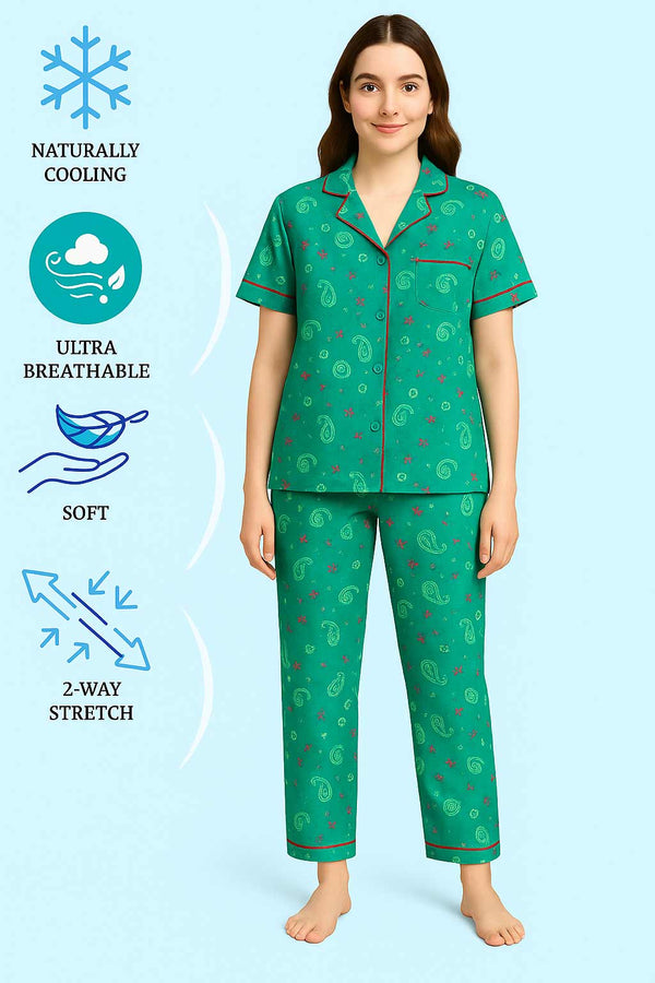 Women Button night suit teal printed
